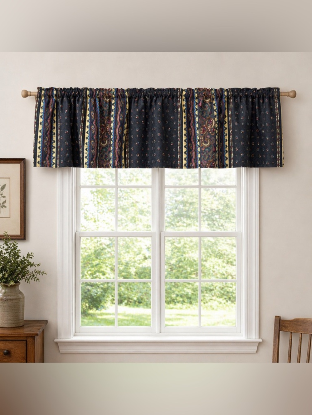 Vintage 1980s JC Penney Curtain Paisley Striped 2 Valances Navy Blue Red 20x84"